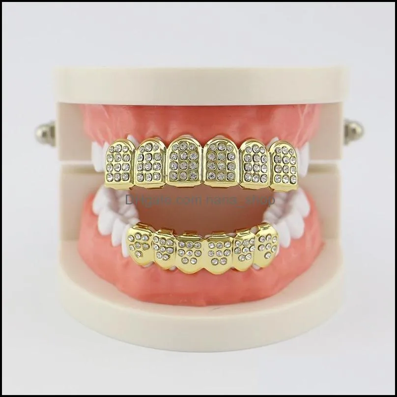 18k gold plated diamond glaze grillz teeth dental grills hip hop bling body jewelry for men fashion silver gold