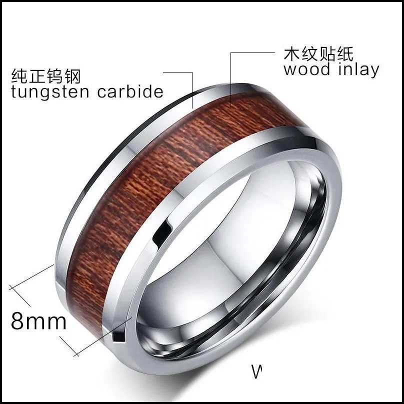 8mm tungsten finger rings durable vintage titanium stainless steel wood inlay ring jewelry for men women 316l stainless steel