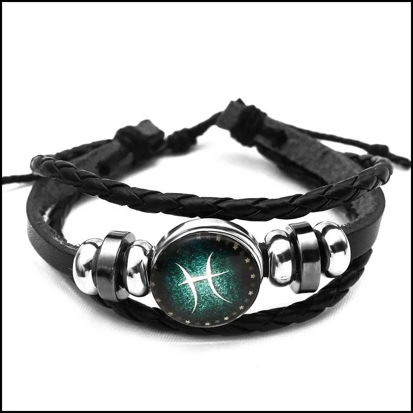 12 constellations multilayer bracelets glow in the dark diy handmade woven pu leather glass buckle zodiac braided bead bracelet lovers