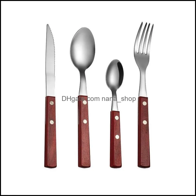 wood handle spoon fork knife cutlery set stainless steel home kitchen dining flatware ice cream dessert steak forks spoons tableware