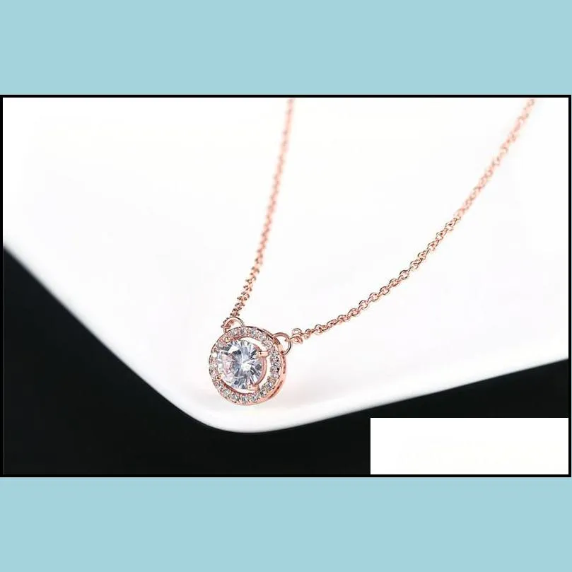 simply small round cubic zirconia necklace stud earrings bracelet jewelry set rose gold color shining austrian zircon pendant necklace