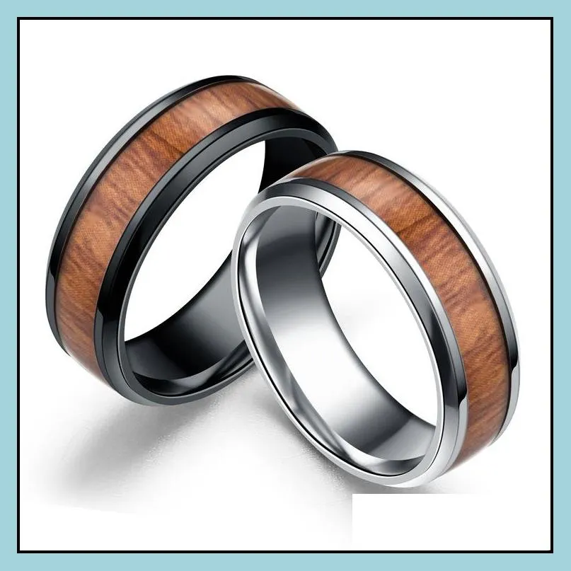 8mm tungsten finger rings durable vintage titanium stainless steel wood inlay ring jewelry for men women 316l stainless steel