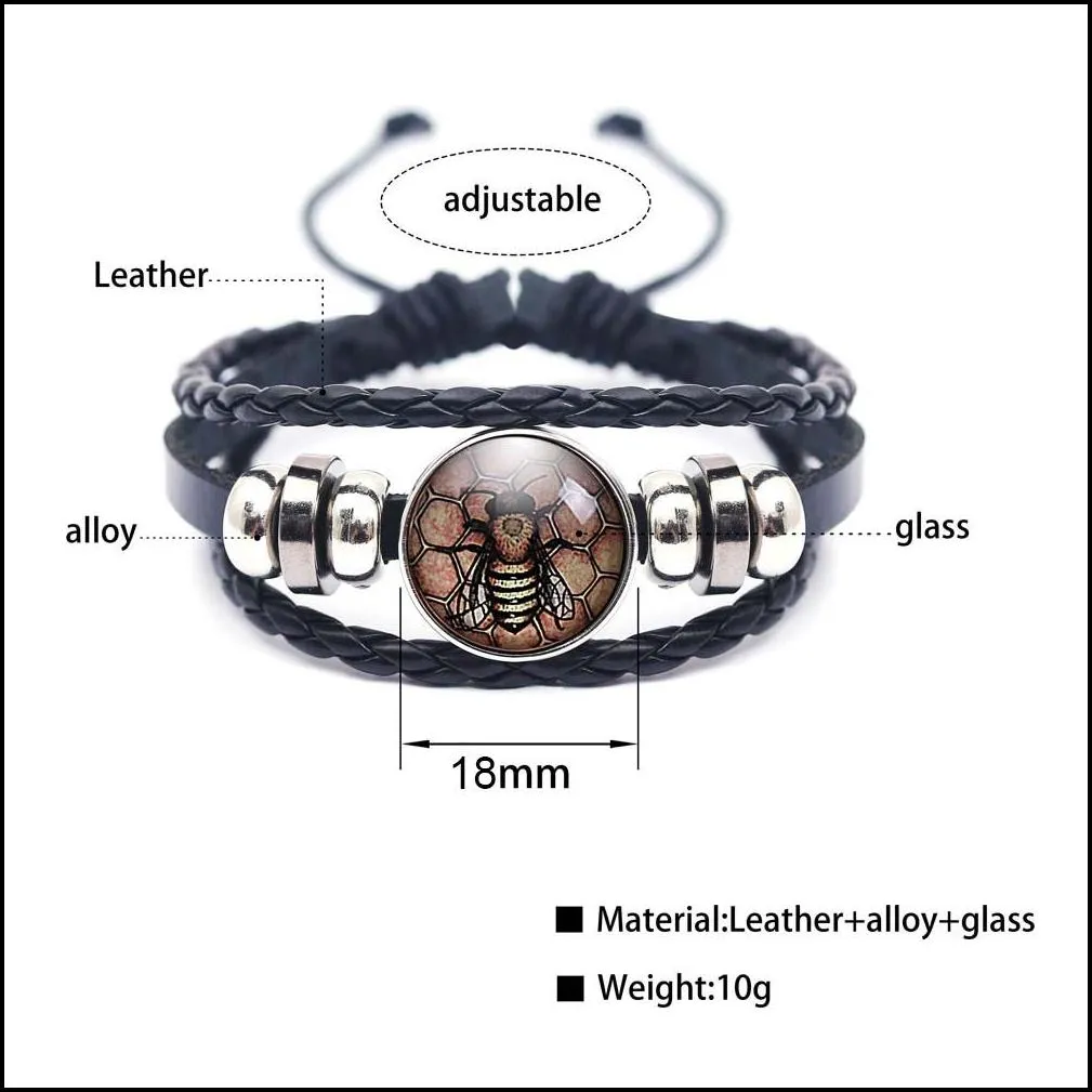 fashion handmade multi layer braided bracelets lovely bees art picture glass cabochon black leather wrap braided bracelet for men women