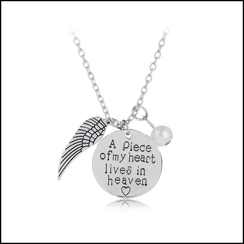 a piece of my heart lives in heaven personalized handwriting necklace vintage silver memory angel wing remembrance necklaces for women