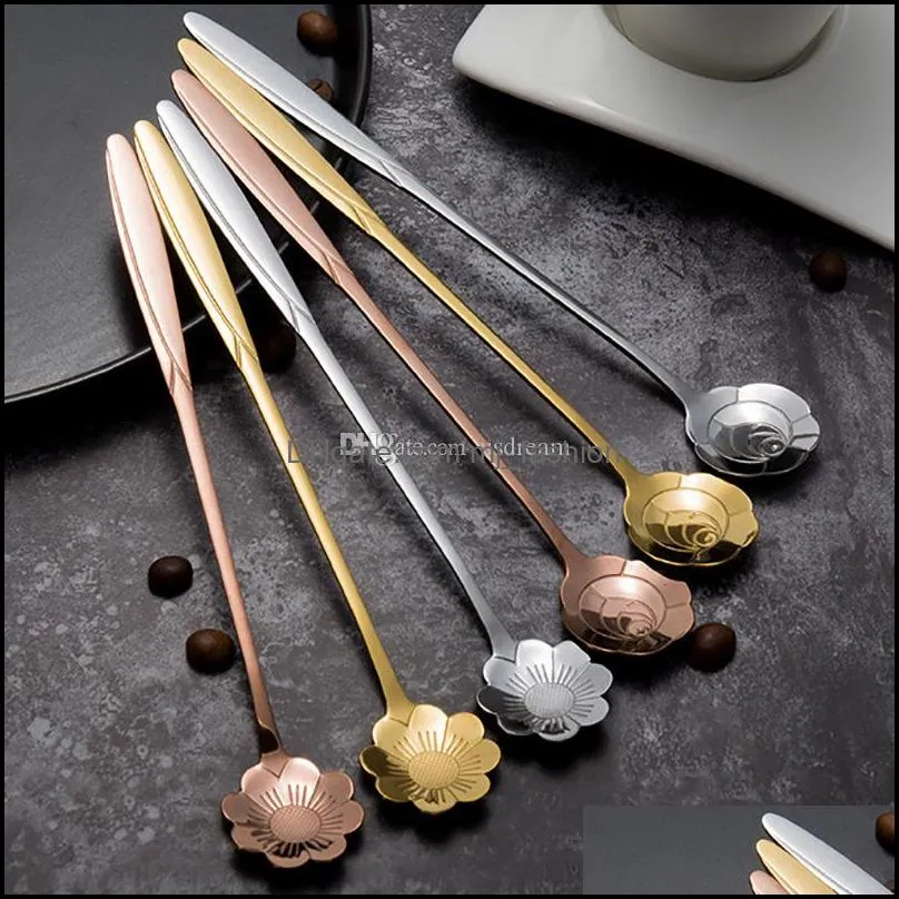 stainless steel flower heart spoons long handle cocktail stirring spoon ice cream coffee home bar flatware tools