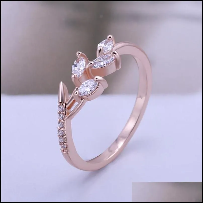 fashion leaf crystal engagement rings womens horse eye shape wedding zircon band rings for women silver rose gold rings jewelry gifts