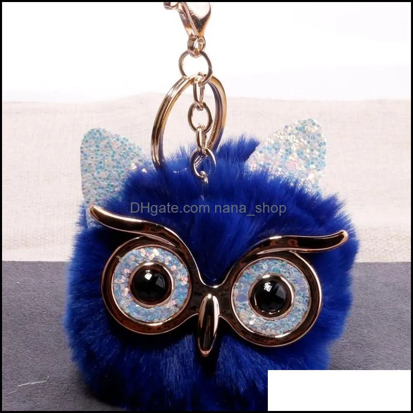 big eye owl fur key ring gold bird keychain holder bag hangs fashion jewelry red white black