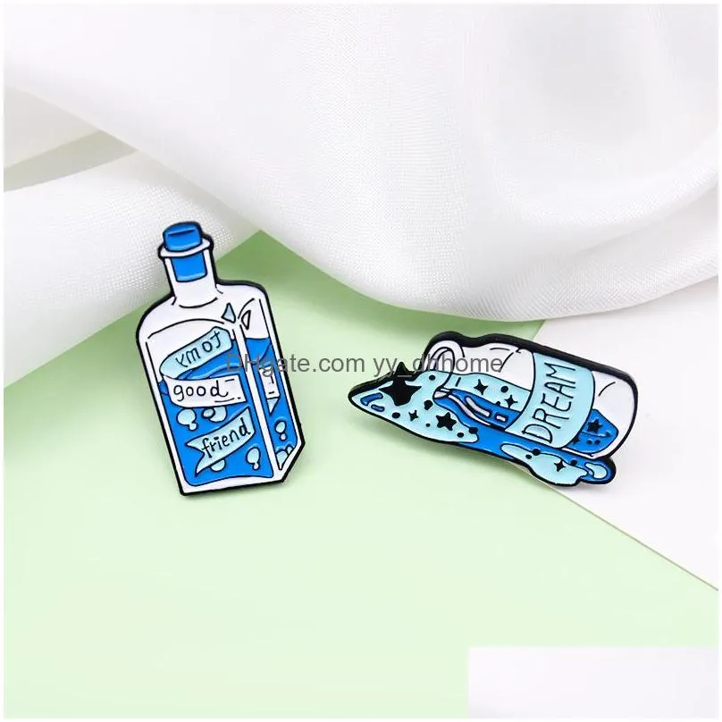 cartoon designer dream chasing drift bottle brooches for women letter ribbon friends enamel pin costume jewelry metal badges denim shirt bags small