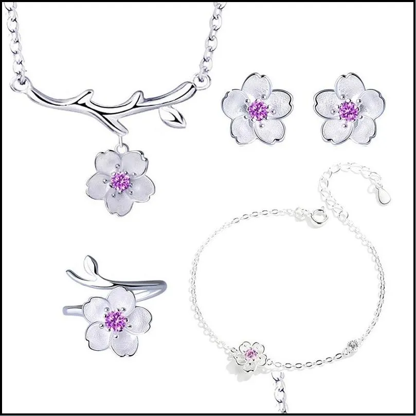 wedding bridal jewelry sets silver plated purple pink crystal cherry blossoms flower necklaces earrings rings for women