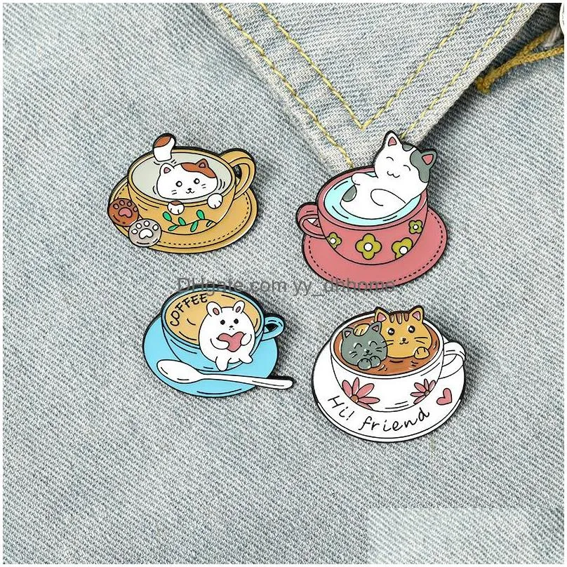 cartoon cat coffee cup brooches set 4pcs enamel colorful paint badges for boys alloy lapel pin denim shirt fashion jewelry gift bag hat accessories collar