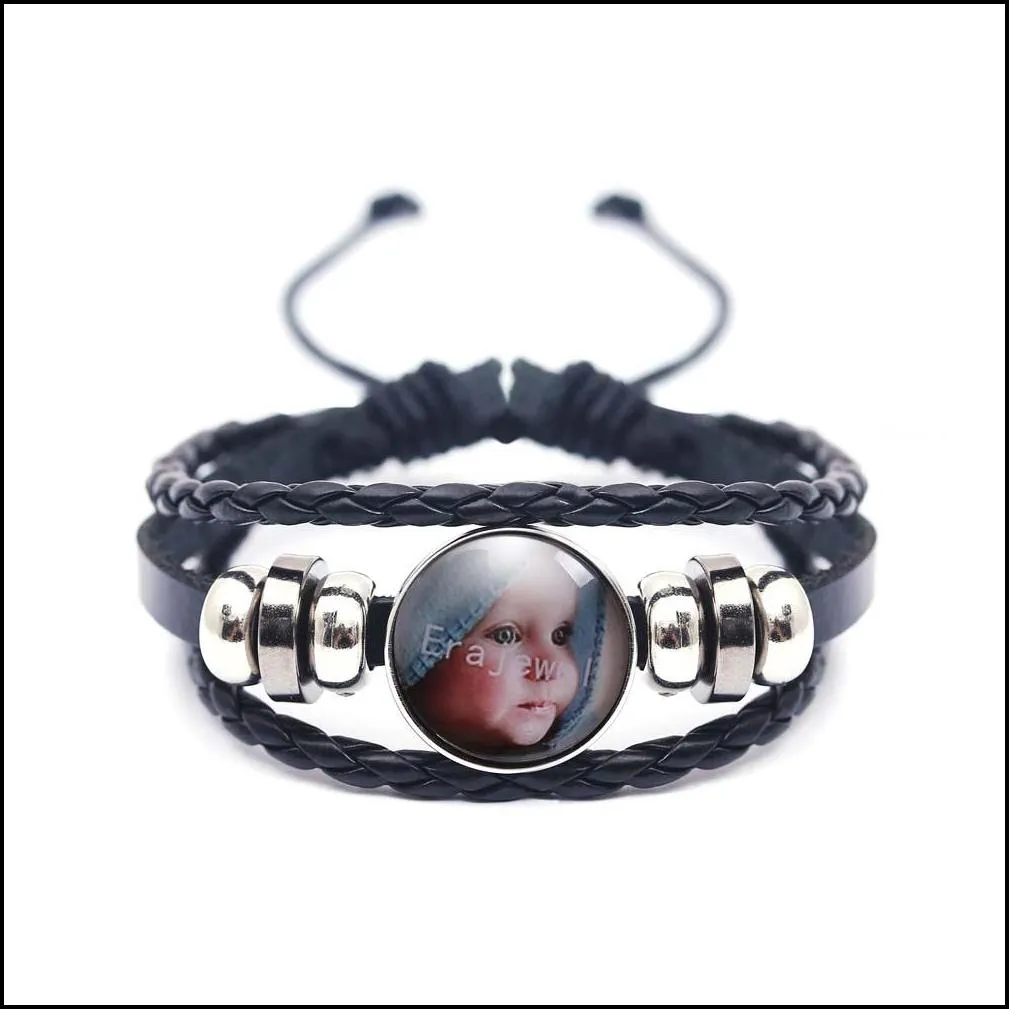 fashion new design multi layer braided bracelets lovely baby art picture glass cabochon black leather wrap magnetic bracelet for men women