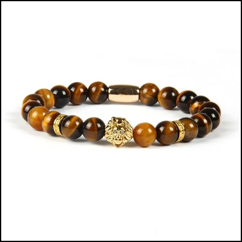 top quality jewelry wholesale 8mm tiger eye stone weathering beads with pvd plated  head bracelets for men