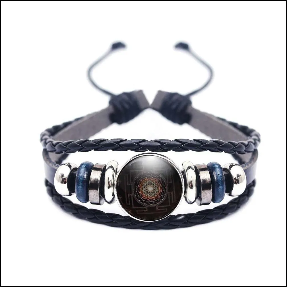 fashion buddhist sri yantra pendant bracelets sacred geometry crystal cabochon pendant sri yantra high quality multi layer leather