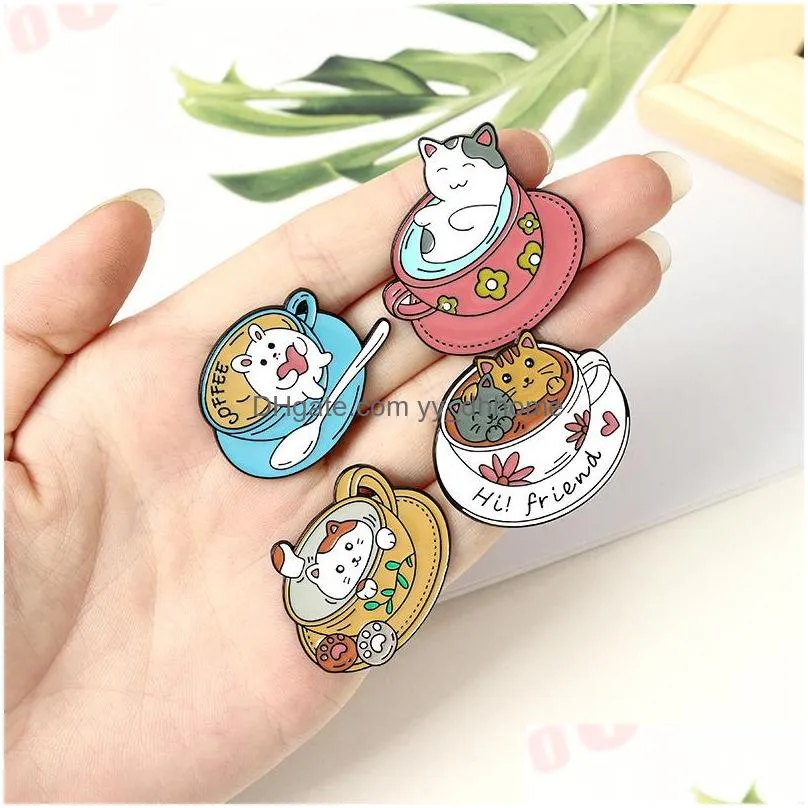 cartoon cat coffee cup brooches set 4pcs enamel colorful paint badges for boys alloy lapel pin denim shirt fashion jewelry gift bag hat accessories collar