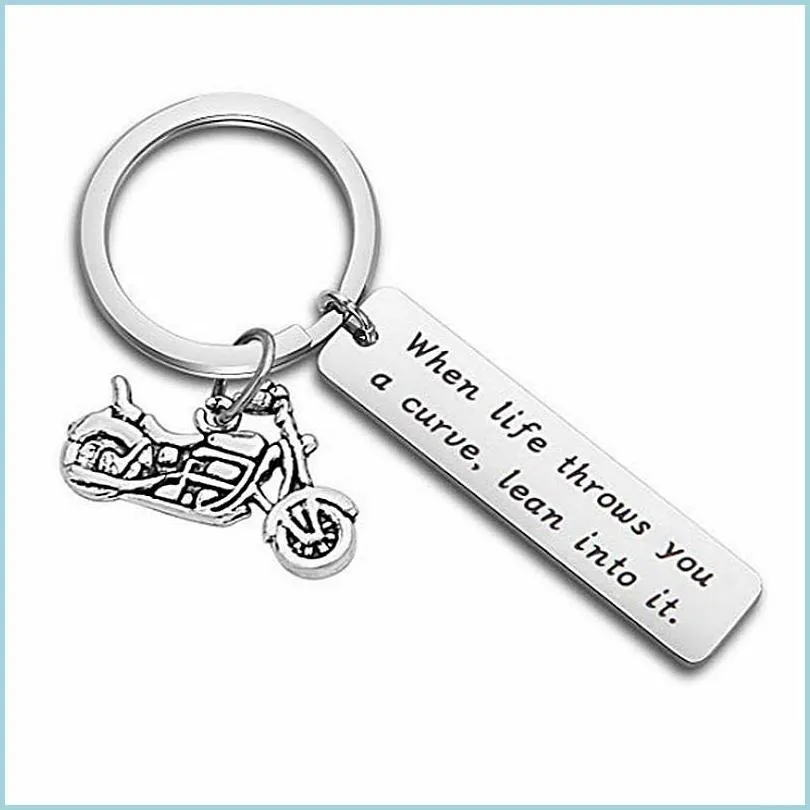 stainless steel letter tag with motorcycle key ring holders lovers keychain for women men fashion