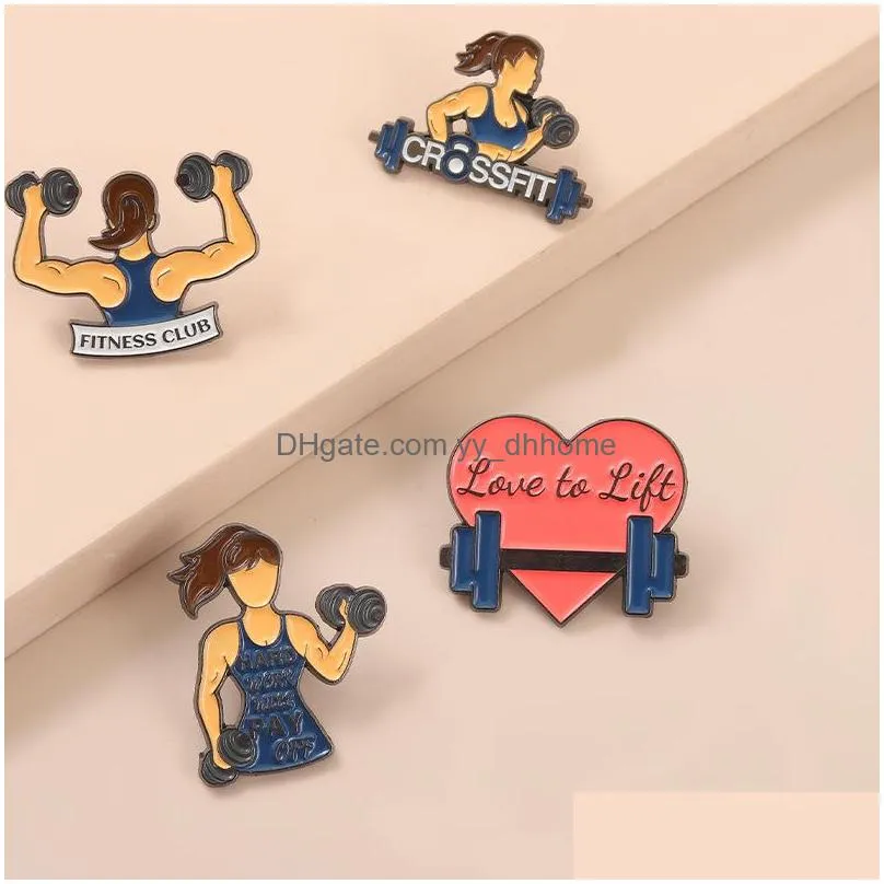 cute barbell enamel pins creative fitness brooches 4pcs /set letter brooch for girls cartoon character shirt badge jewelry gift bag