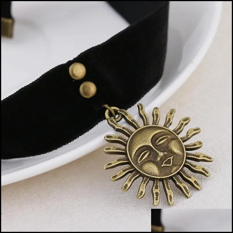 trendy vintage black velvet gothic choker necklace big sun charm pendant necklaces for elegant girl women