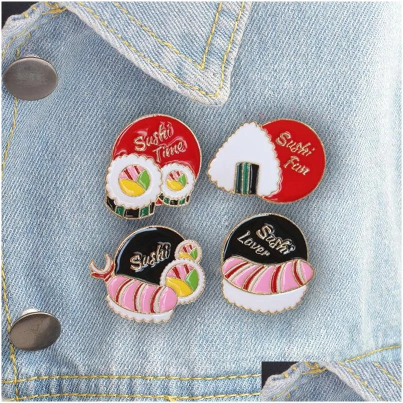 cartoon food theme pins 4pcs/set salmon sushi nori rice balls brooches for women enamel pin jewelry metal badges denim shirt bags small