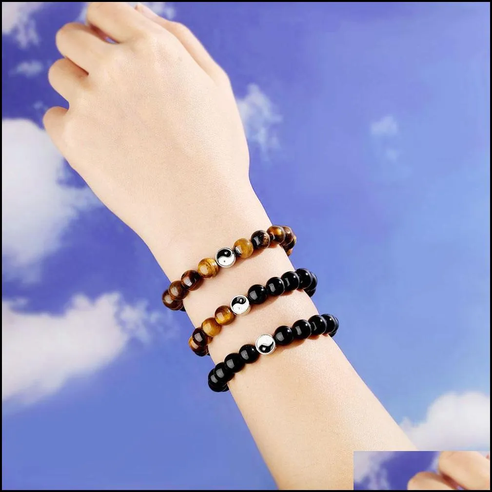 yin yang beaded bracelets strands for men lucky couple bracelet women black white onyx stone beads pulsera bangle jewelry