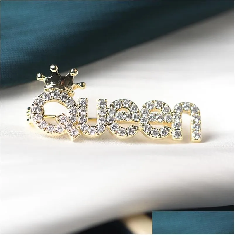 letter queen glitter brooches for women fashion goldplated rhinestone crystal diamond alloy collar pin antilight button cardigan suit