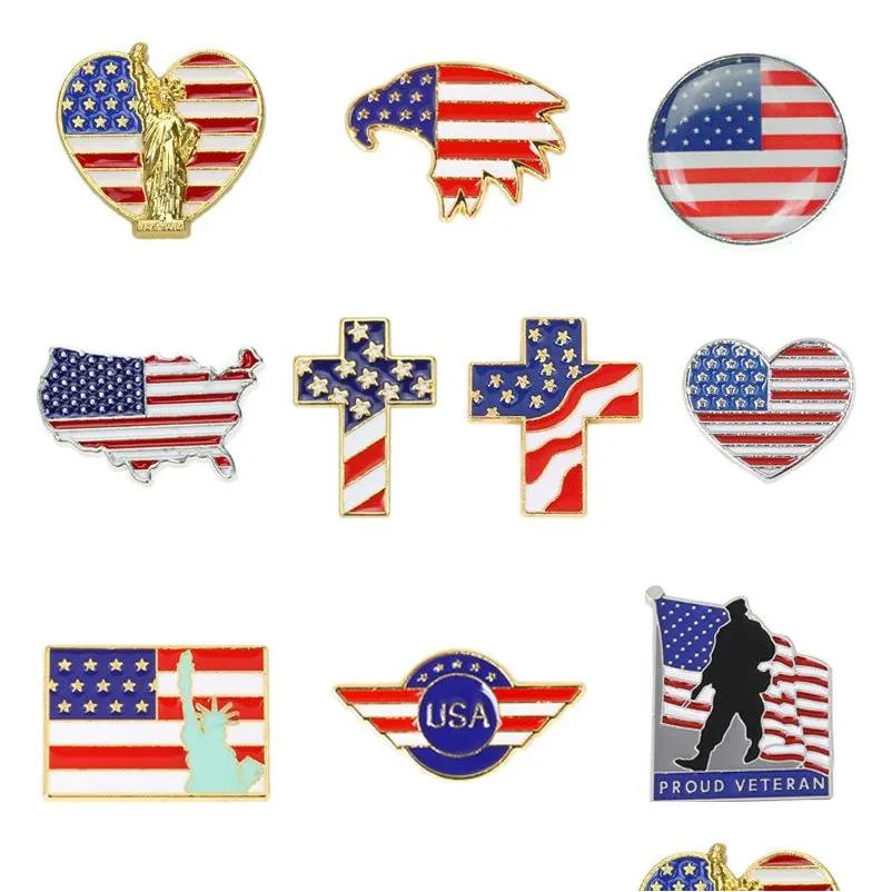 cartoon usa flag design zinc alloy brooches 10pcs/set map statue of liberty paint enamel pins gold silver plate brooch for boys girls denim shirt badge jewelry