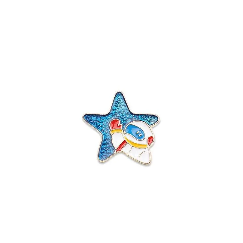 cartoon astronaut lapel pins ins blue star brooches for women gold plated cute creative enamel paint funny denim shirt gift bag accessories collar