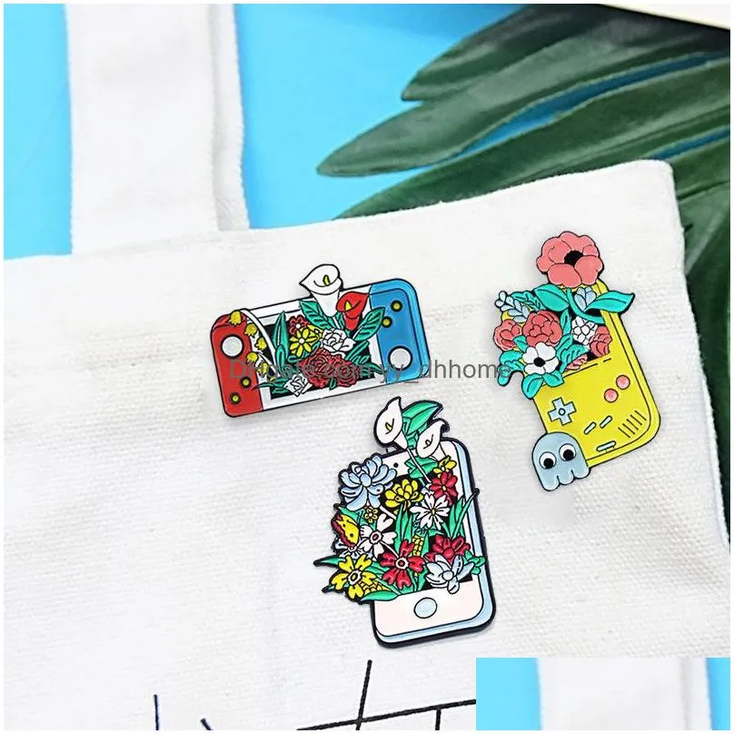 cartoon game console design brooch 3pcs/set smart phone flower enamel pins metal brooches for girls gift jewelry creative badges denim shirt