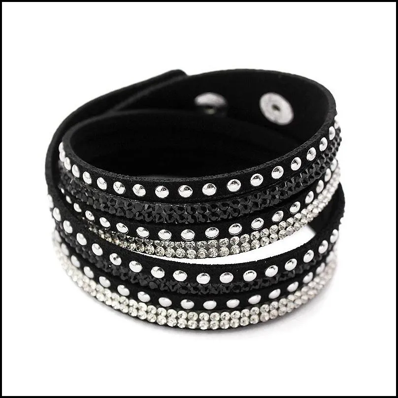  korean fashion pu leather bracelets multi layer rhinestones crystal colorful wrap bracelet for women men jewelry bangles