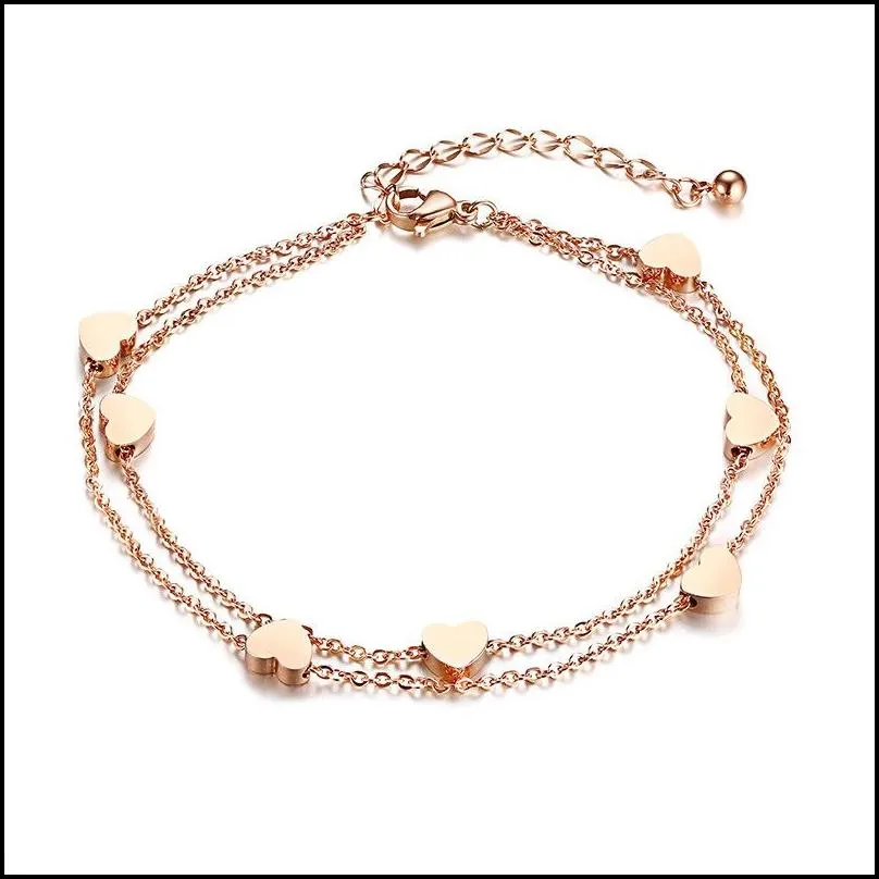 new simple design stainless steel charm bracelet 2 layers rose gold link chain mini hearts lover bracelet fashion sweety style for