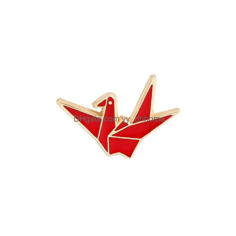 gold plated thousand paper cranes brooches for women cartoon cute red white couple enamel paint lapel pins funny badges denim shirt gift bag accessories collar