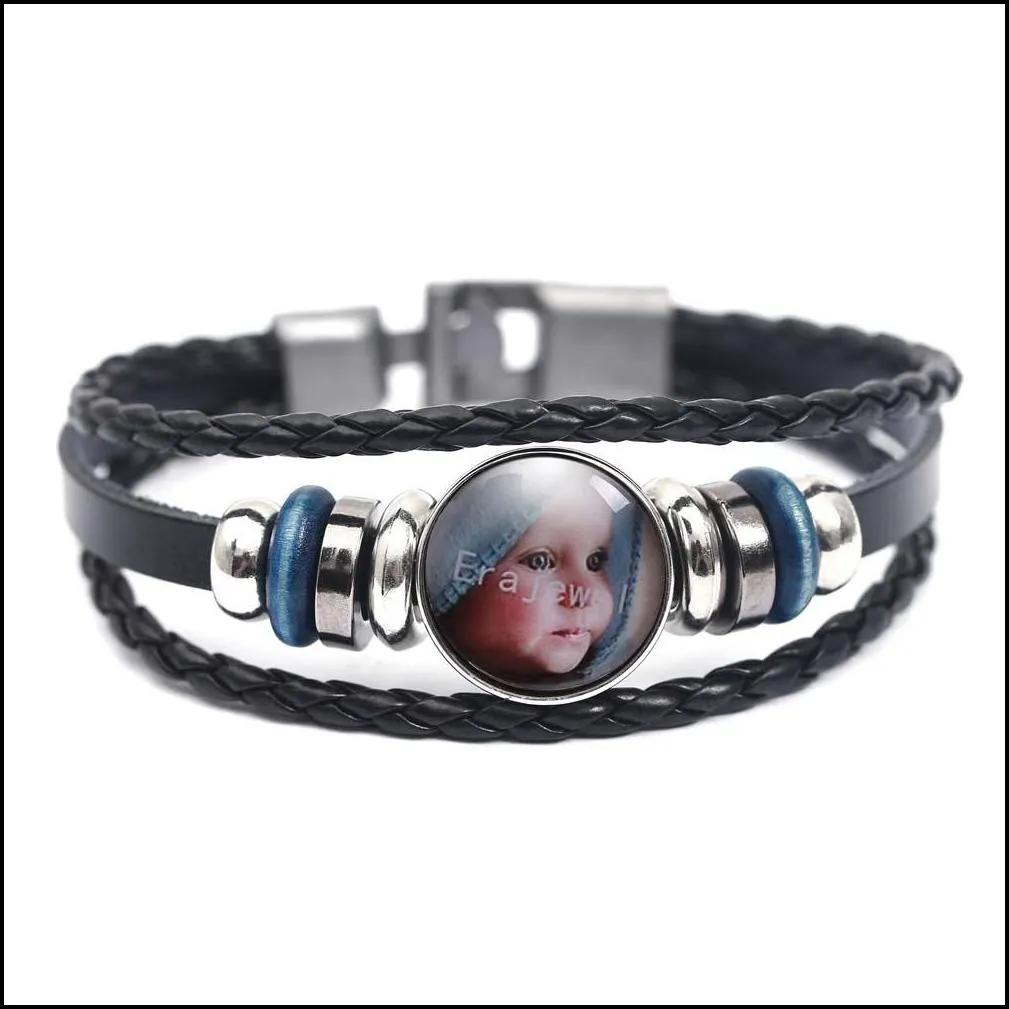 fashion new design multi layer braided bracelets lovely baby art picture glass cabochon black leather wrap magnetic bracelet for men women