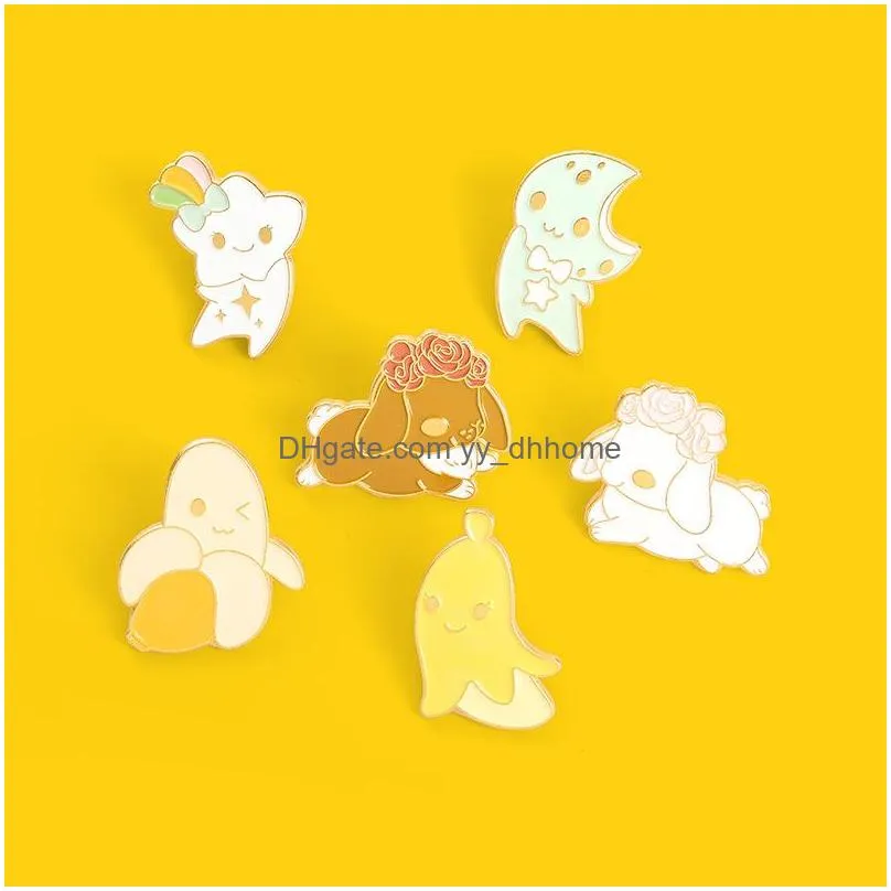 cute creative cartoon banana brooches pins set 6pcs pink dog fruit enamel paint badges for girls alloy pin denim shirt fashion jewelry gift bag