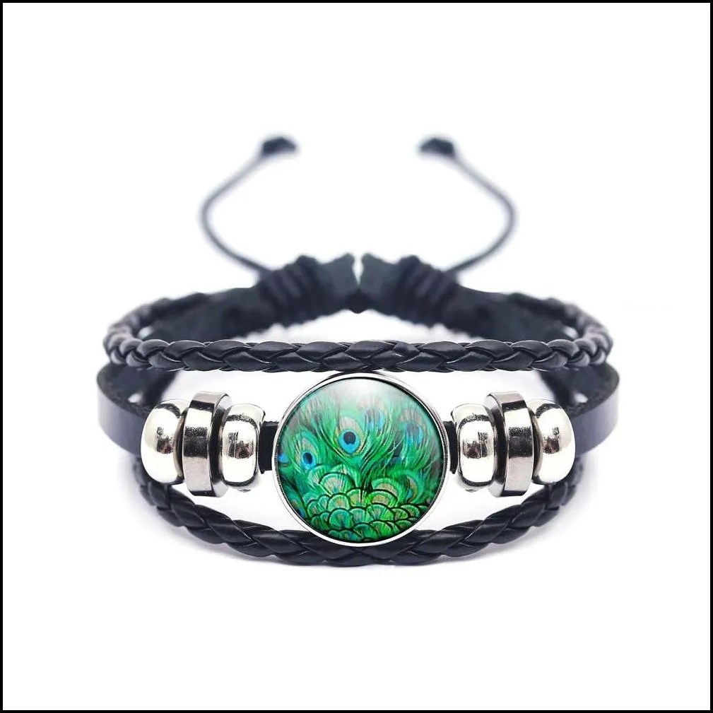 new design peacock feather bracelets om yoga chakra pendant fashion glass dome sacred geometry bracelet for women girls jewelry