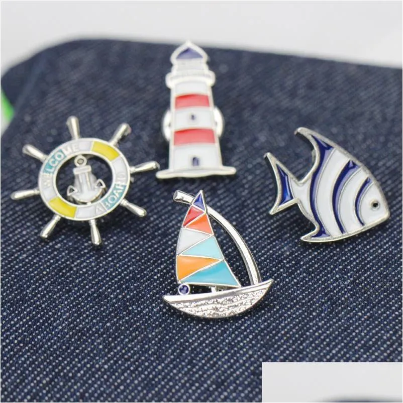 cute cartoon sailboat rudder tropical fish brooch pins funny zinc alloy lighthouse brooches for girls xmas gift silver plated badges bag