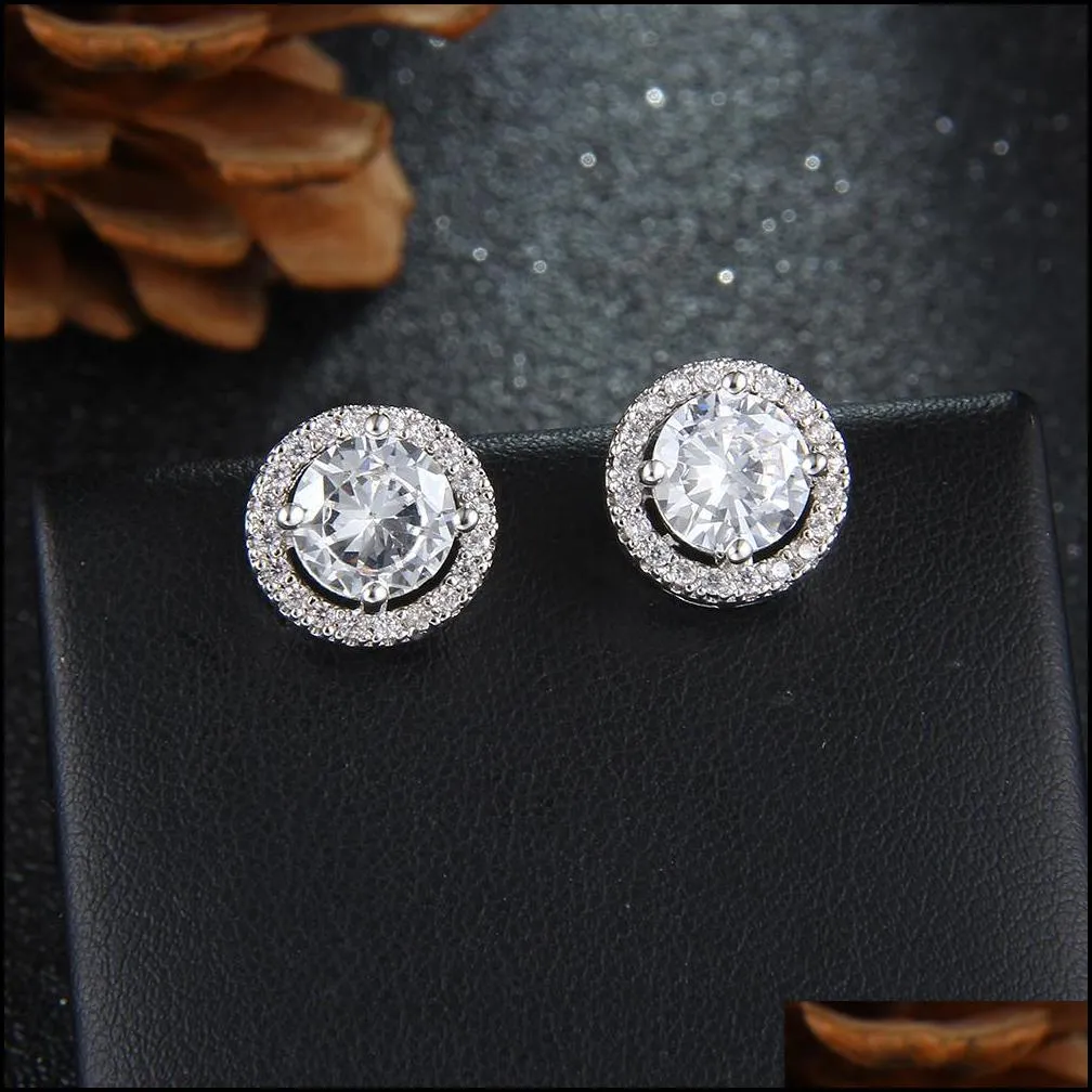 fashion crystal stud earrings cz zircon romantic round gold silver colors earring for elegant girls women