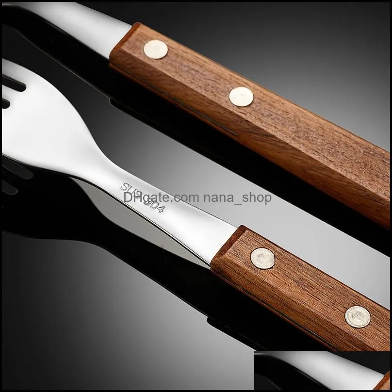 wood handle spoon fork knife cutlery set stainless steel home kitchen dining flatware ice cream dessert steak forks spoons tableware