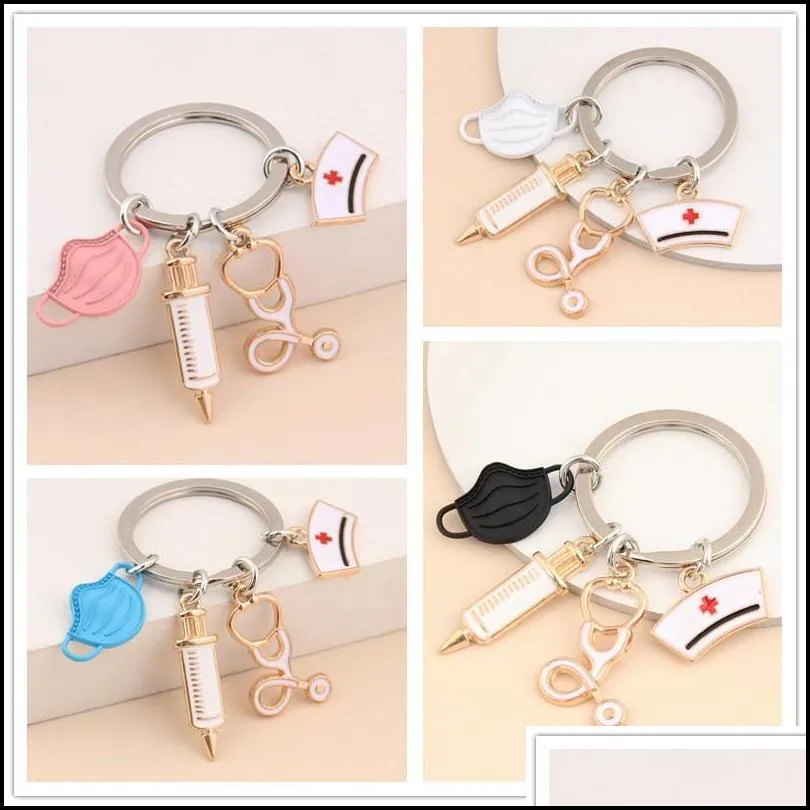 medical tool key ring doctor keychain injection syringe stethoscope nurse cap key chain medico gift diy jewelry