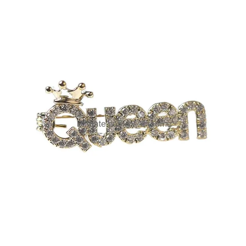 letter queen glitter brooches for women fashion goldplated rhinestone crystal diamond alloy collar pin antilight button cardigan suit