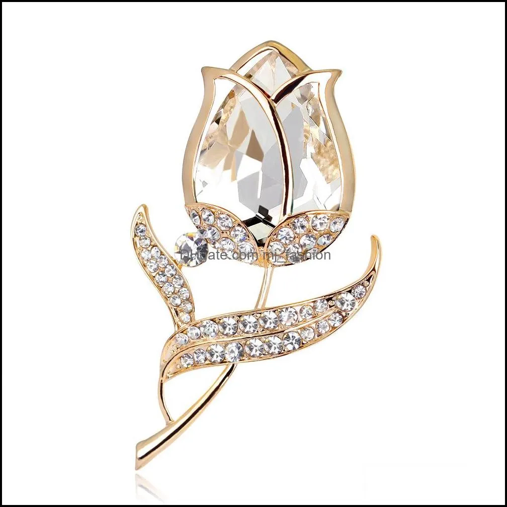 crystal tulip brooch pins gold diamond flower brooches dress business suit brooches for women fashion jewelry 