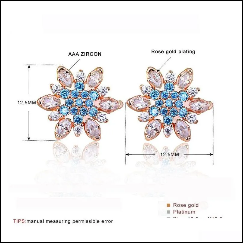 crystal flake snow statement stud earrings for elgant women girl earring christmas gift rose gold color fashion jewelry