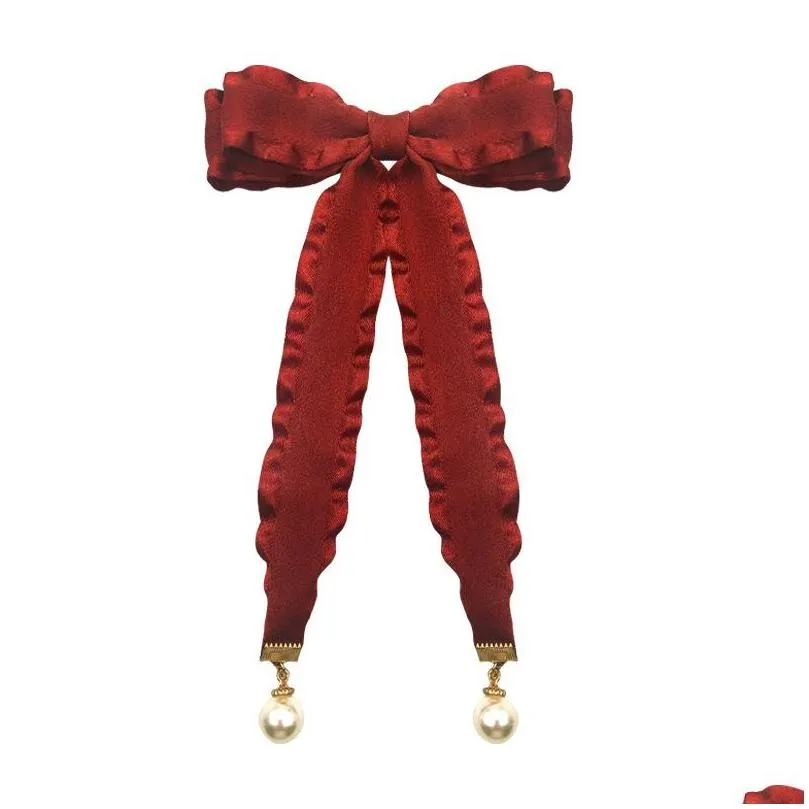 korean vintage bow pearl pendant farbic bow ties fashion red silk ribbon jk girl tie necktie for women shirt preppy style bowknot brooches clothes