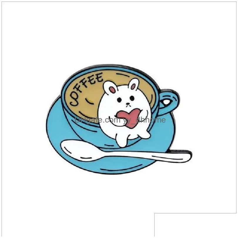 cartoon cat coffee cup brooches set 4pcs enamel colorful paint badges for boys alloy lapel pin denim shirt fashion jewelry gift bag hat accessories collar