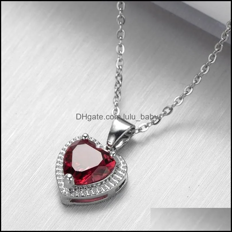 diamond heart pendant necklace stainelss steel chain women girls necklaces red green crystal fashion jewelry