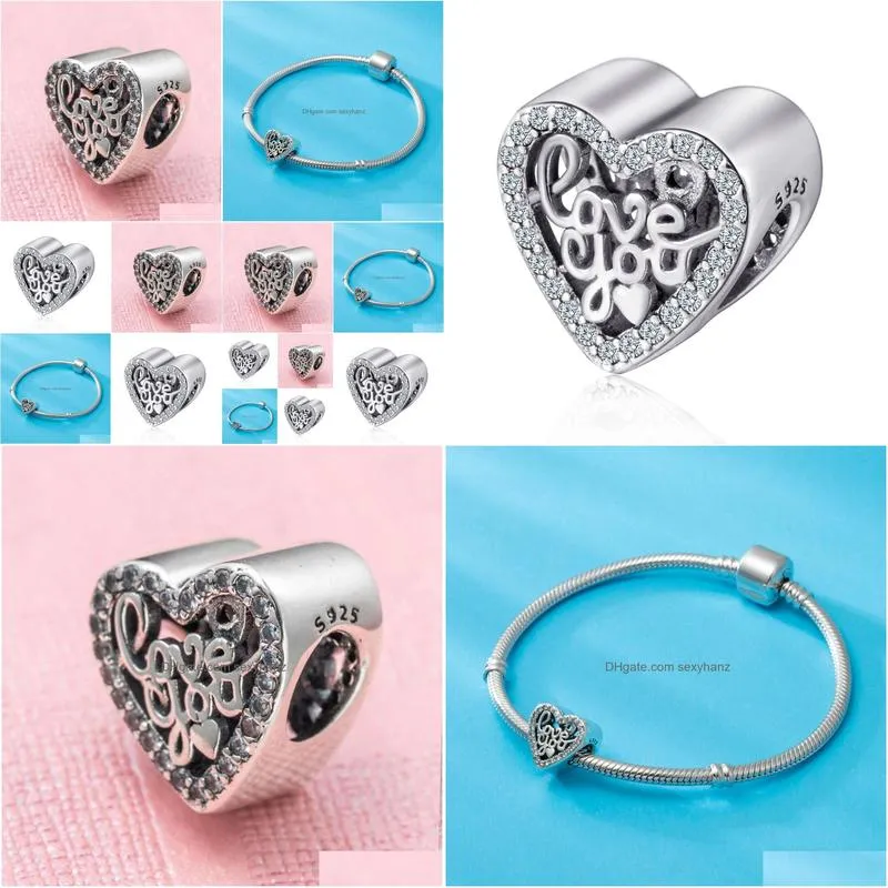 mother day gift authentic loose beads with cz 925 ale sterling silver hearts i love you jewelry charm beads fit europe style women