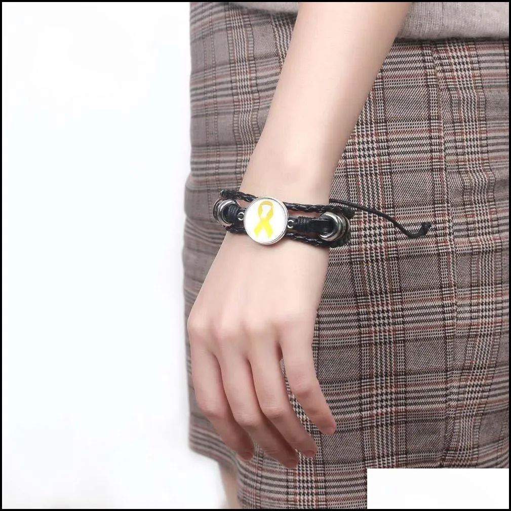 new fashion black multi layer leather bracelet yellow ribbon glass cabochon buckle punk weave bracelets jewelry gifts for family