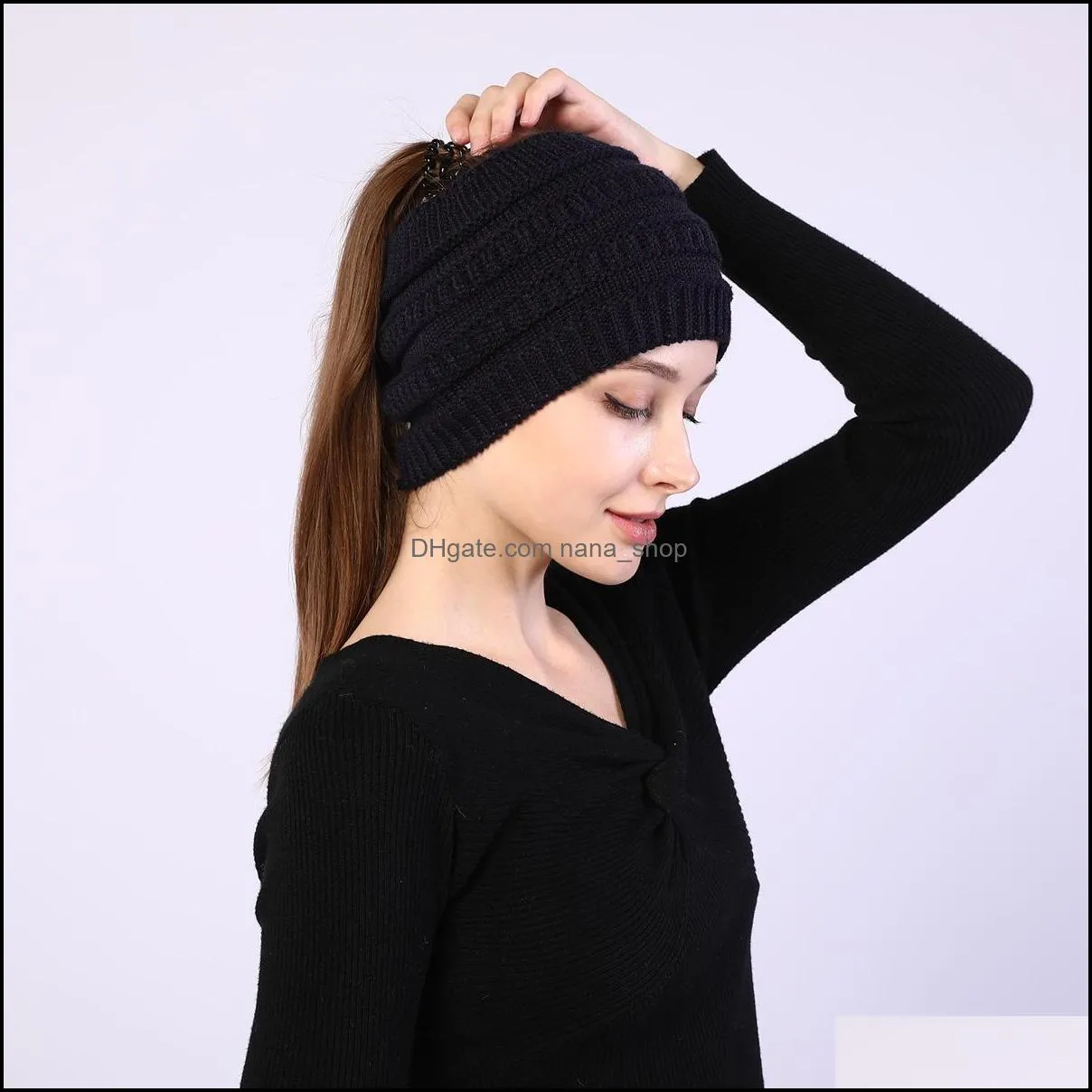 autumn winter hair band hat knitted ponytail cap beanie hood soft stretch hats for women fashion black white