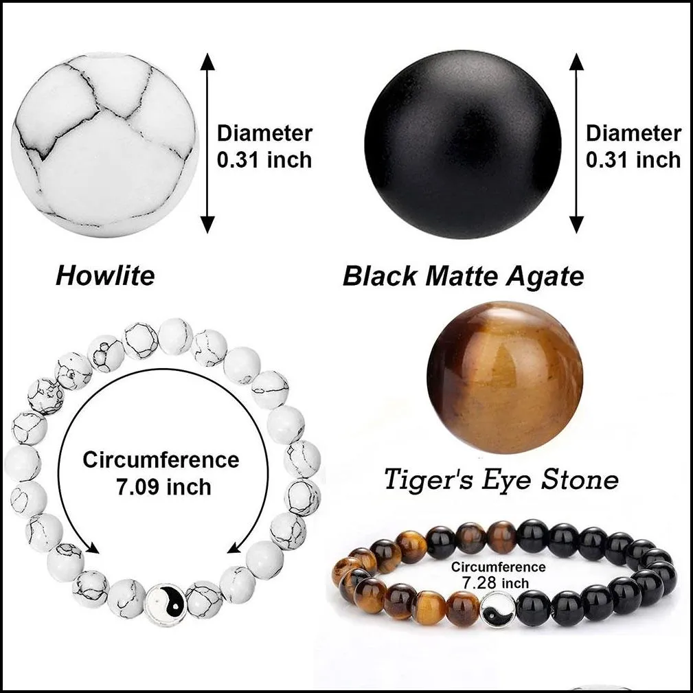 yin yang beaded bracelets strands for men lucky couple bracelet women black white onyx stone beads pulsera bangle jewelry