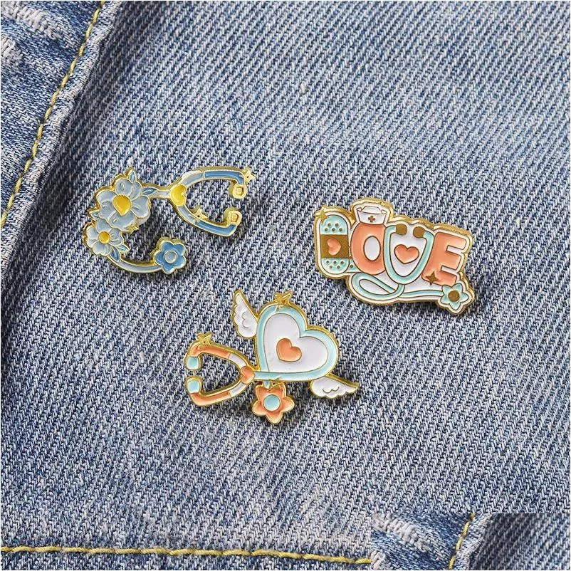 cartoon stethoscope shaped brooch 3pcs/set heart love enamel pins gold plated metal brooches for girls gift jewelry creative badges denim shirt