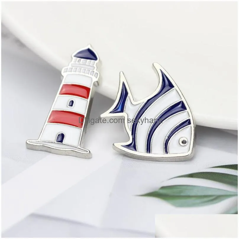 cute cartoon sailboat rudder tropical fish brooch pins funny zinc alloy lighthouse brooches for girls xmas gift silver plated badges bag