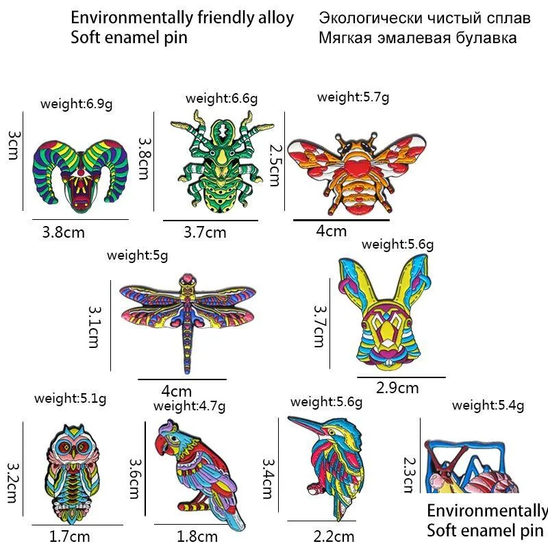 colorful insect image brooches for women fantasy pins set 9pcs enamel alloy cartoon animal dragonfly owl parrot snail woodpecker badge children gift